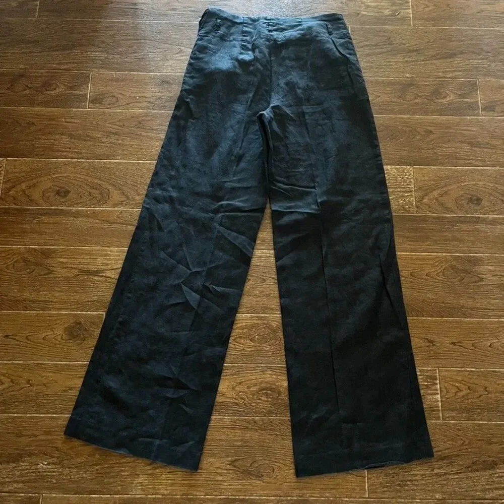H&M 100% Linen Wide Leg Trousers Womens 6 Black Mid Rise Casual Pants